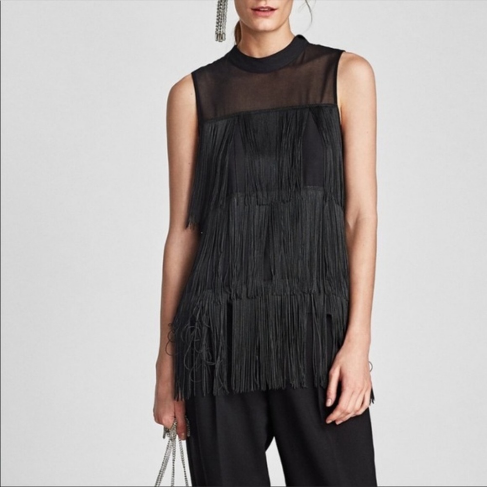 ZARA NWT Black Fringe Sleeveless Top SZ S